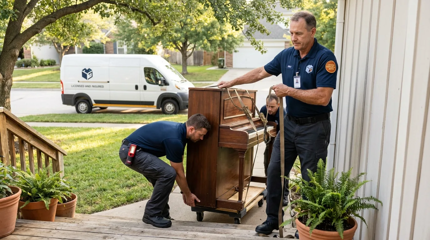 Licensed piano movers securing grand piano in Gloversville, NY