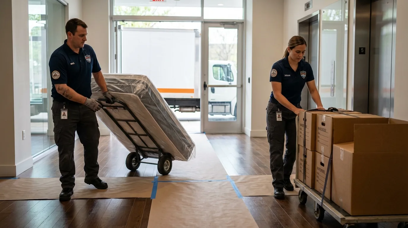 Professional apartment movers loading elevator in Gloversville, NY