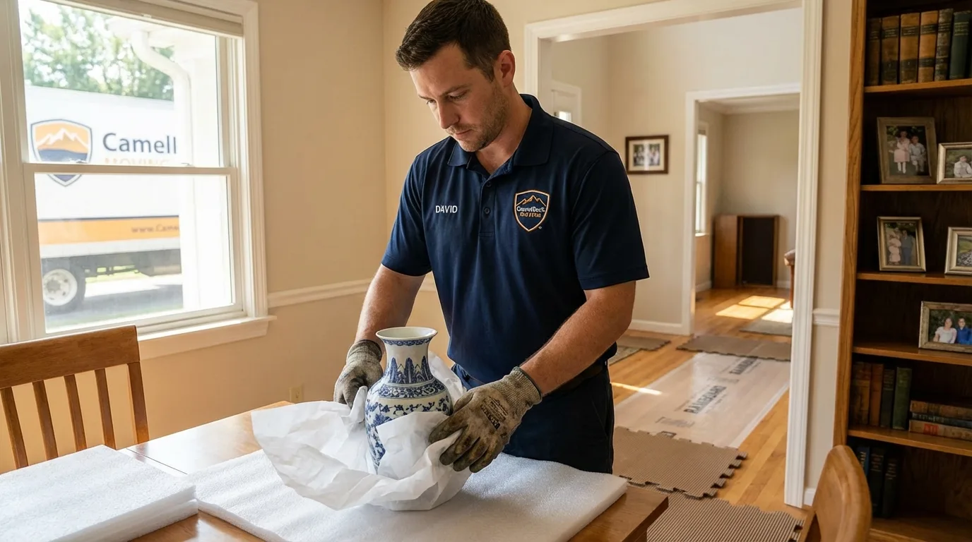 Professional crew carefully wrapping antique vase for senior downsizing move in Gloversville, NY