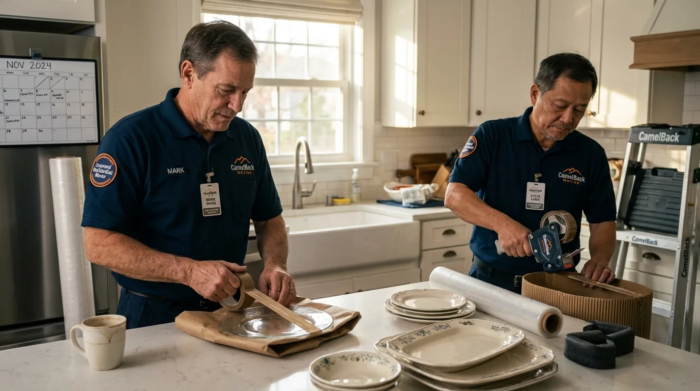 Professional crew packing kitchen dishware in Gloversville, NY
